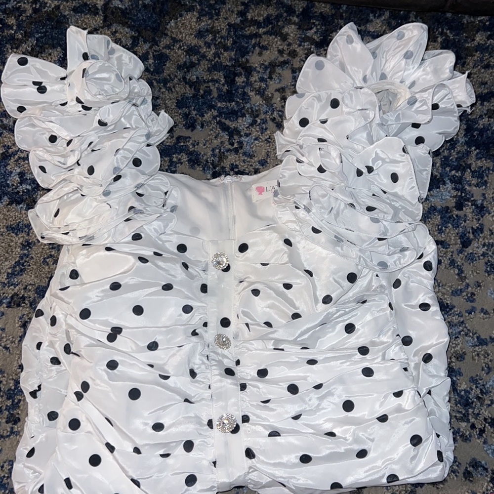 Polka-Dot Ruffled Ruched Silk-like Mini Dress - Picture 7 of 8
